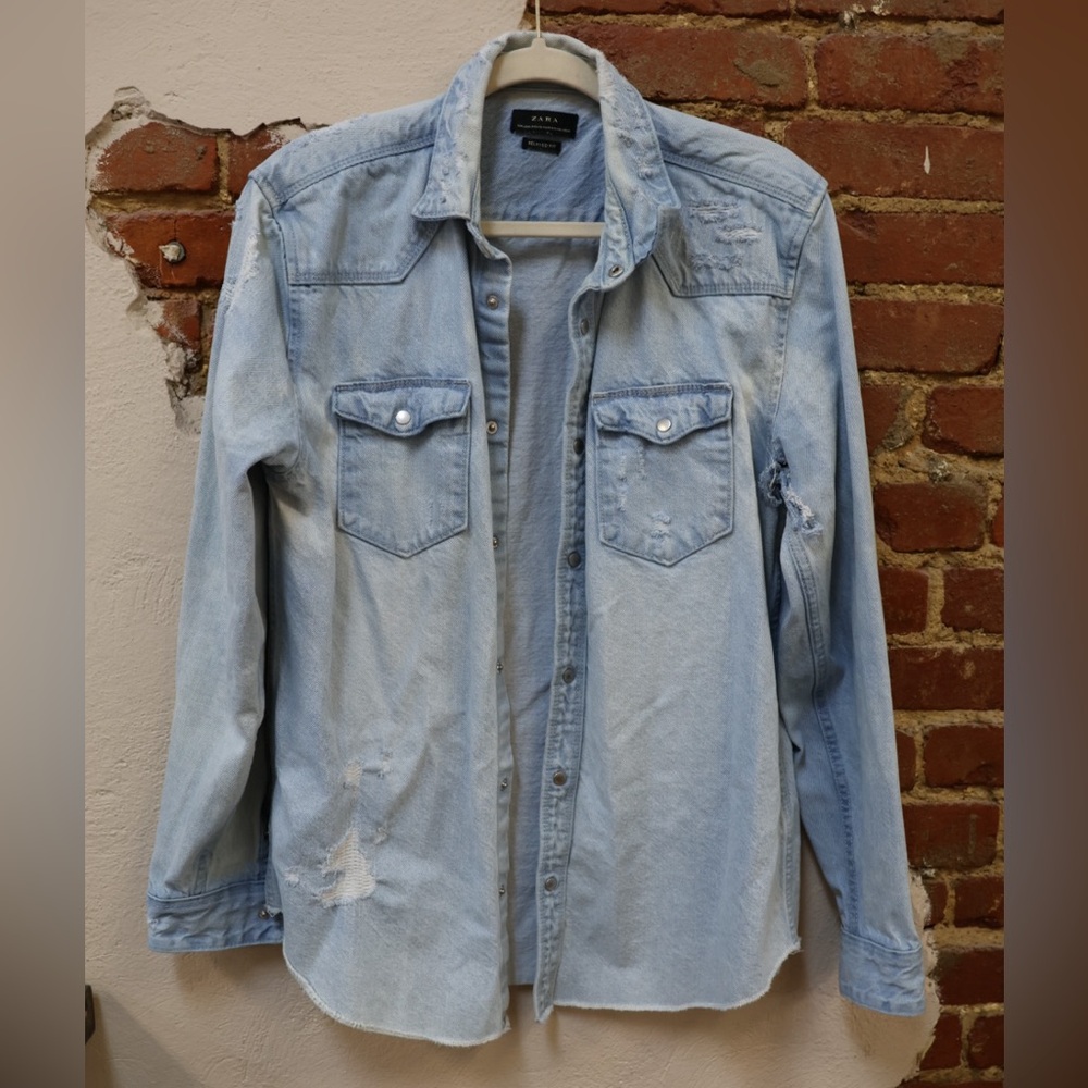 Zara Distressed Light Blue Denim Shirt